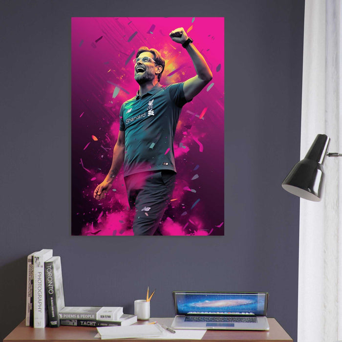 Metal Poster - Jurgen Klopp in the style of illustrations, celebrating with his hand up wearing a grey Liverpool's coach t-shirt. The art poster is hanged on a wall in the office. 