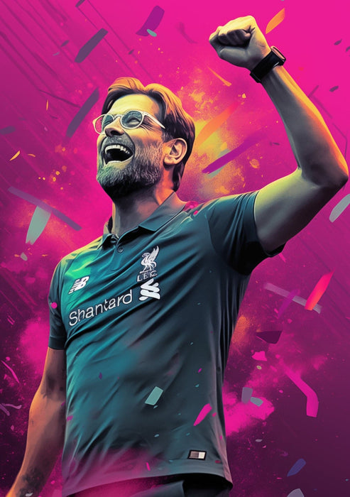 Metal Poster - Jurgen Klopp in the style of illustrations, celebrating with his hand up wearing a grey Liverpool's coach t-shirt.