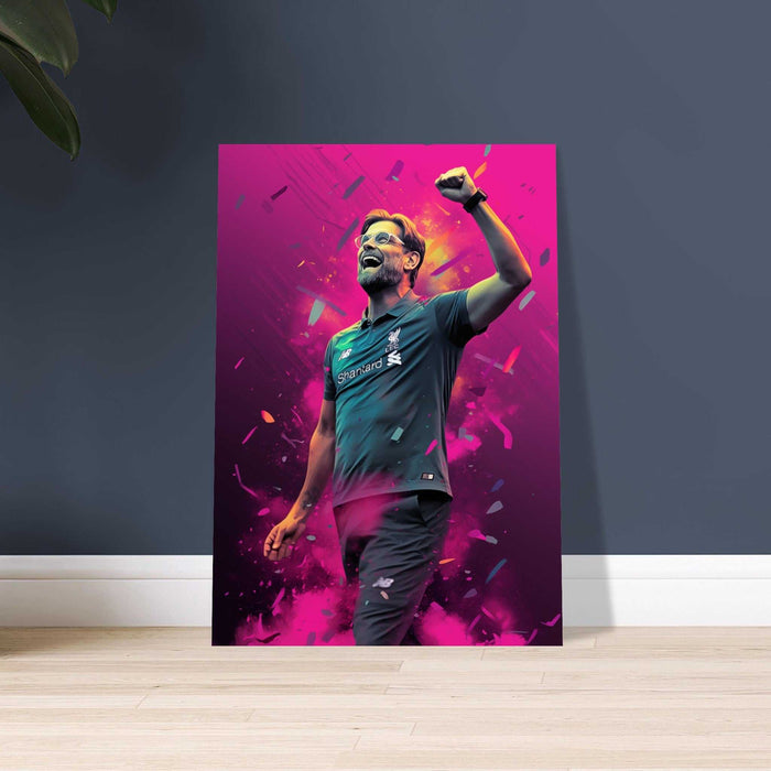 Metal Poster - Jurgen Klopp in the style of illustrations, celebrating with his hand up wearing a grey Liverpool's coach t-shirt. The wall art is on the floor and ready to be hanged.