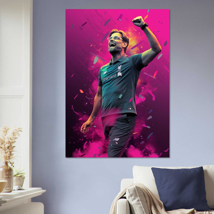 Metal Poster - Jurgen Klopp in the style of illustrations, celebrating with his hand up wearing a grey Liverpool's coach t-shirt. Displayed on a living room wall over the sofa.