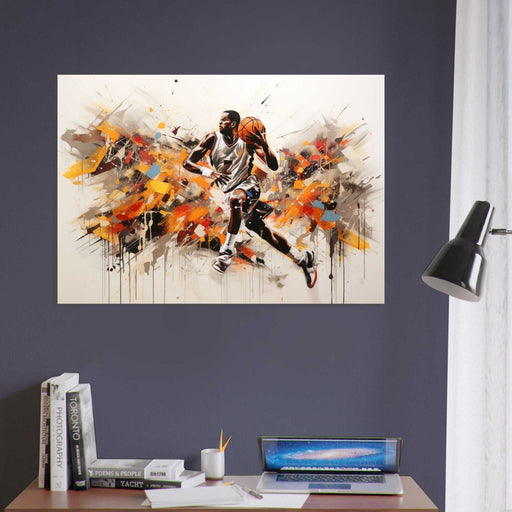 Metal Poster - NBA player running with the ball in his hand. The artwork is displayed in the an office wall.